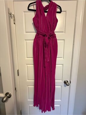 TCEC Fuchsia Pleated V-Neck Sleeveless Halter Flowy Pants Romper